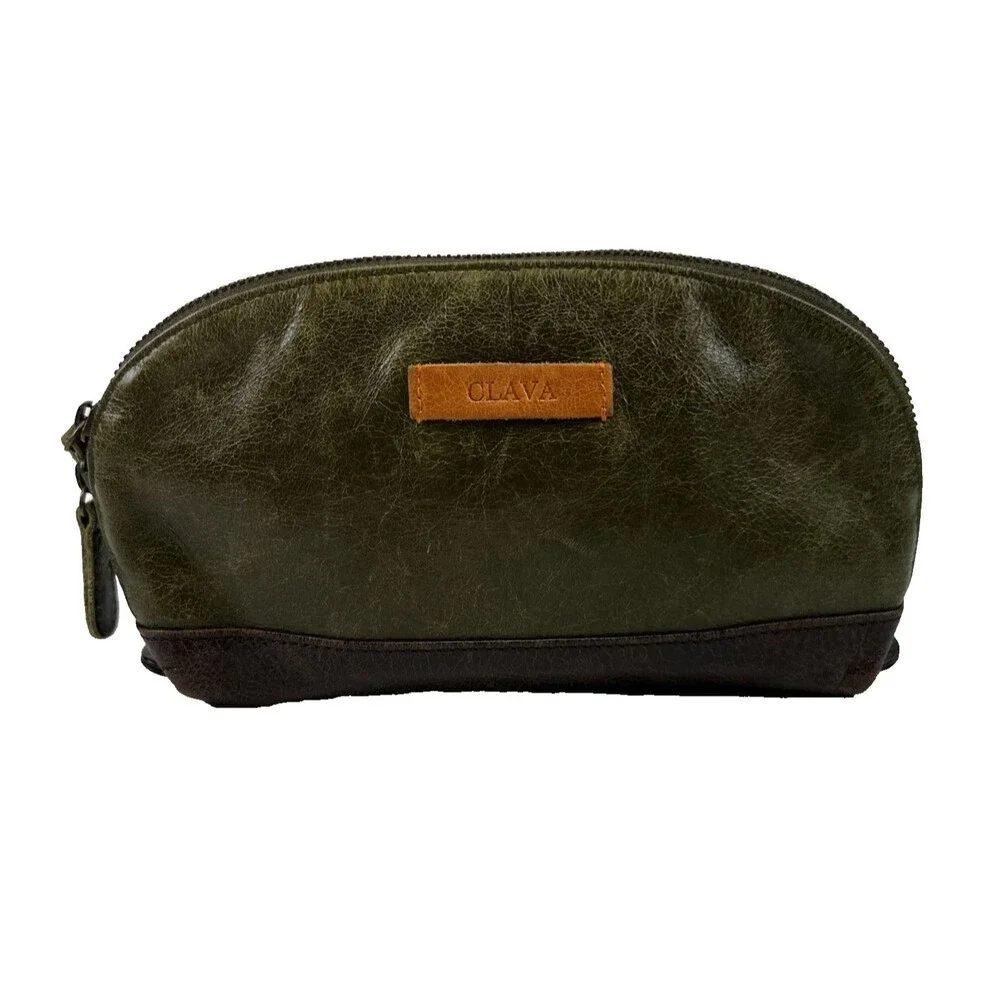 CLAVA Leather Accessory Clutch Pouch Green Brown Leather Zip Around Small Travel